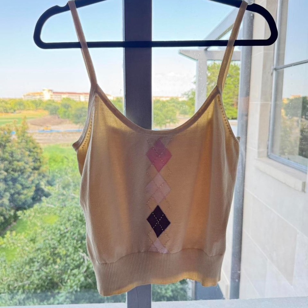 Vintage INC Butter Yellow Silk Argyle Sweater Tank - Picture 2 of 6